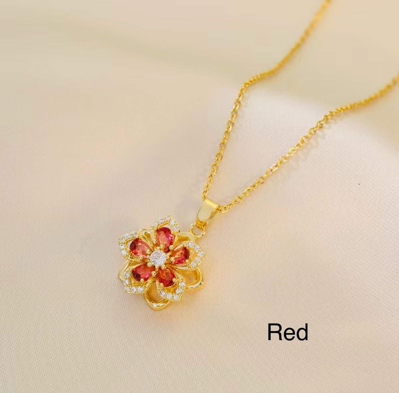 Rotating Flower Necklace for Women | Gold Crystal Blossom | Minimalist Gift for Her | Green, Pink, White & Red