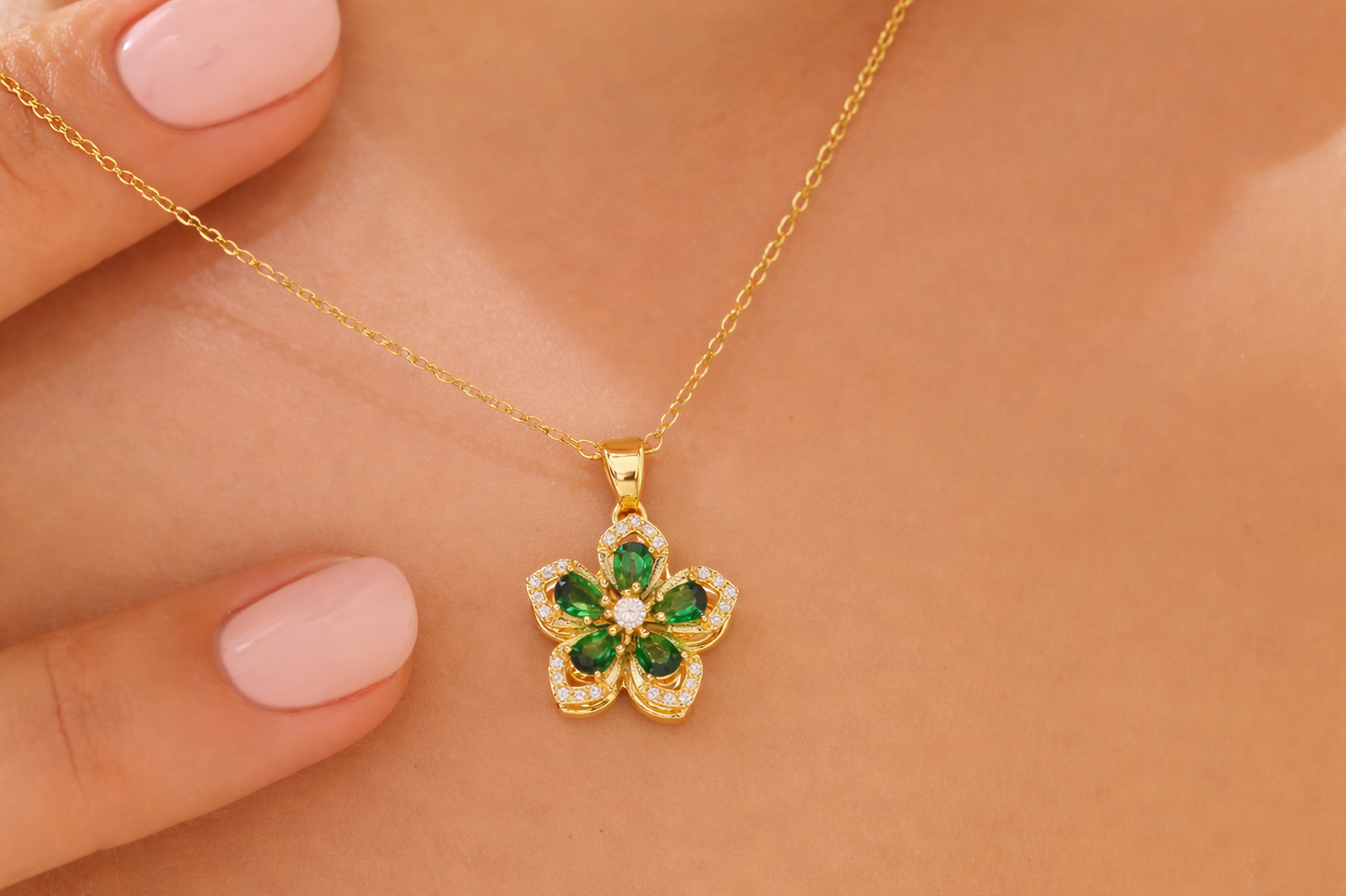 Rotating Flower Necklace for Women | Gold Crystal Blossom | Minimalist Gift for Her | Green, Pink, White & Red