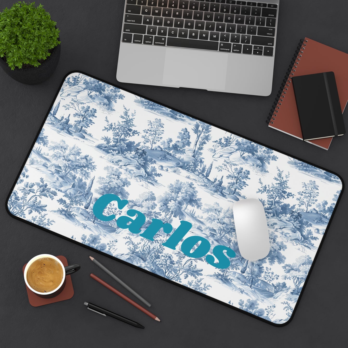 Custom Name Blue Floral Chinoiserie Desk Mat, Personalized Blue White Flowers Desk Pad, Preppy Mouse Pad, Blue Toile Floral Decor Desk Pad