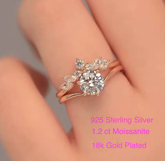 S925 Sterling Silver 1.2CT Moissanite Ring Set | 18K Gold-Plated | Perfect Birthday & Gift Jewelry