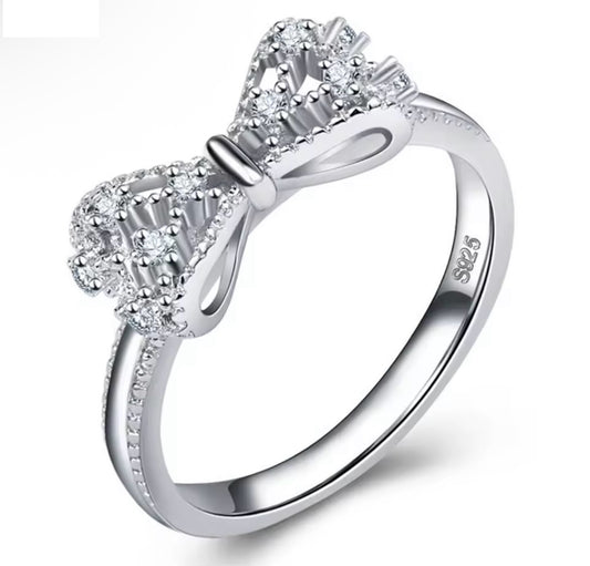 Minimalist Bow Knot Ring – 925 Sterling Silver with Cubic Zirconia, Elegant Gift for Her