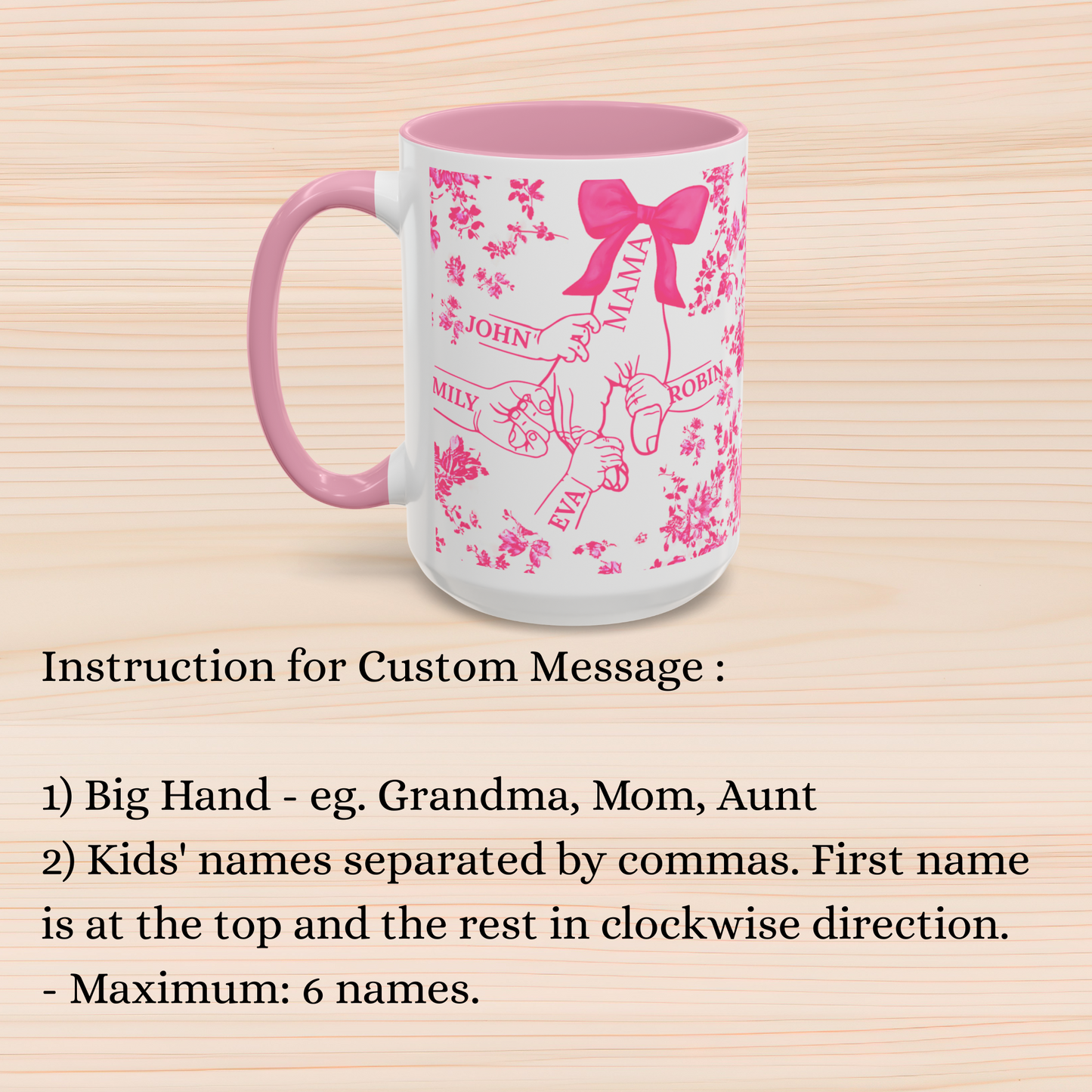 1- 6 Personalized Holding Mom's Hand | Floral Family Mug - Personalized Gift for Moms | Family Gatherings, Mother's Day, Custom Drinkware